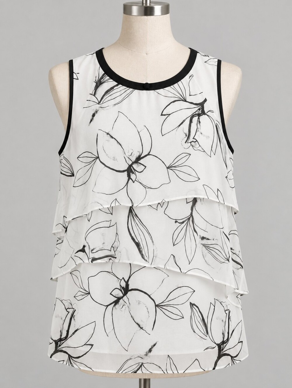 White Black Floral Layered Tank Top | Sleeveless Tiered Blouse | Keyhole Back